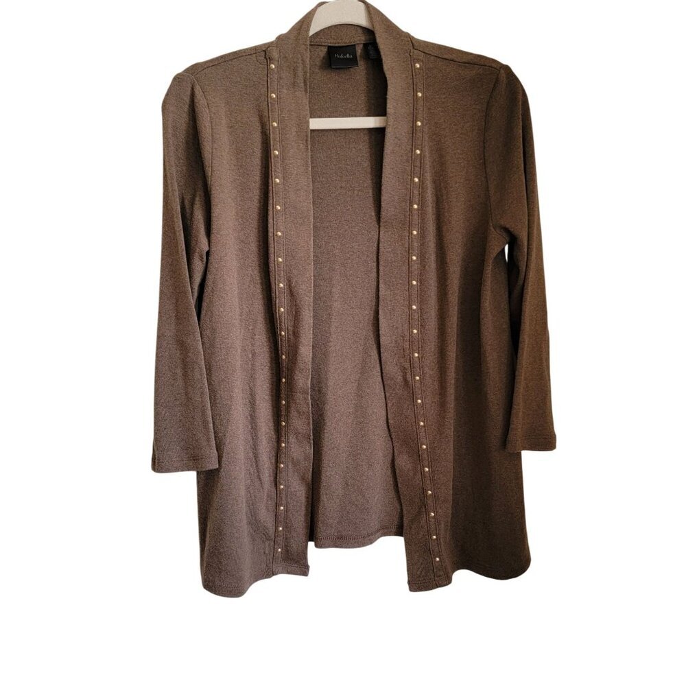 Rafaella Taupe Open-Front Cardigan With Gold Stud Details Long Sleeves Cotton/Po
